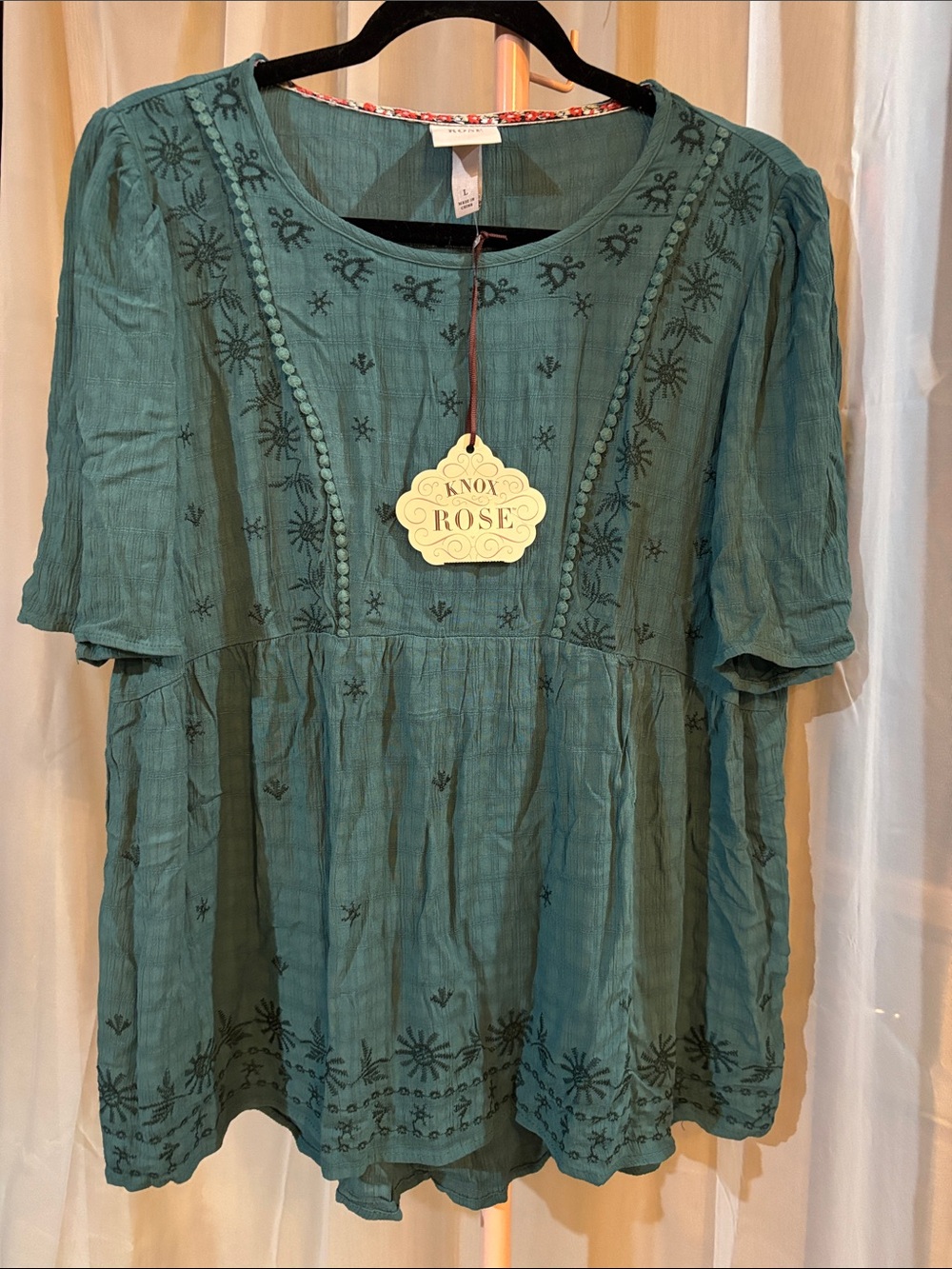 Knox Rose Teal Embroidered Peasant Flowy Blouse